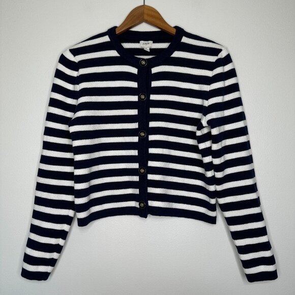 J Crew Striped Cotton Lady Jacket Cardigan Small Knit White Blue Nautical - Picture 1 of 9